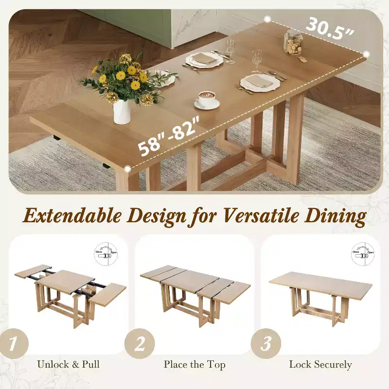 GDFStudio Ebony 82 Extendable Rubberwood Dining Table with Two 12'' Removable Leaves and Trestle Legs