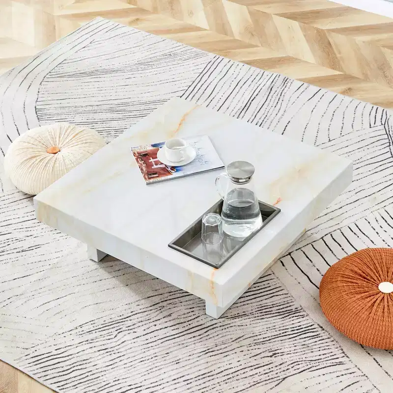 31.4 Imitation Marble MDF Coffee Table, Modern Practical Elegant Square Center Table for Living Room