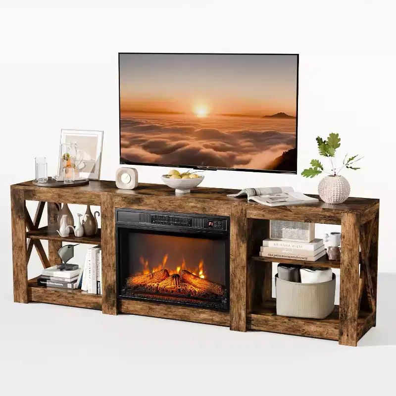 VINGLI Fireplace TV Stand for up to 80 inch TVs, Farmhouse Entertainment Center with Electric Fireplace Heater & Adjustable Shelves
