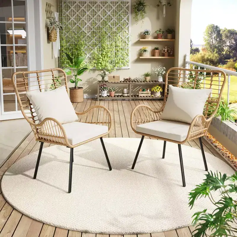 Set of 2 All-Weather Wicker Patio Chairs, Outdoor Rattan Dining Chairs with Thick Cushions & High Backrest for Porch, Balcony, Garden, Brown