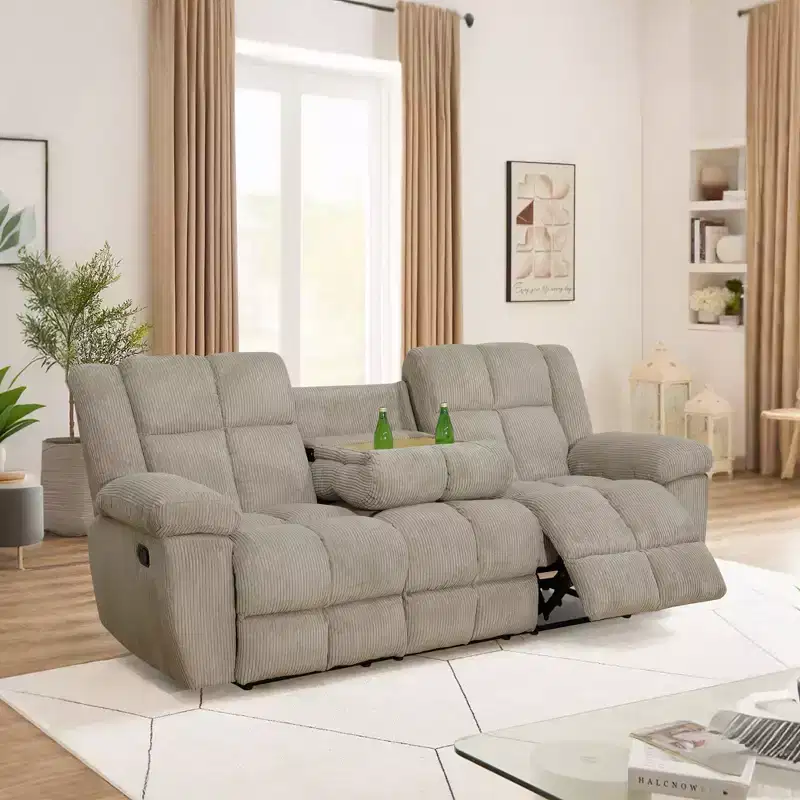 Reclining Sofa, 3-Seat Corduroy Fabric Recliner with Adjustable Backrests for Living Room, Beige