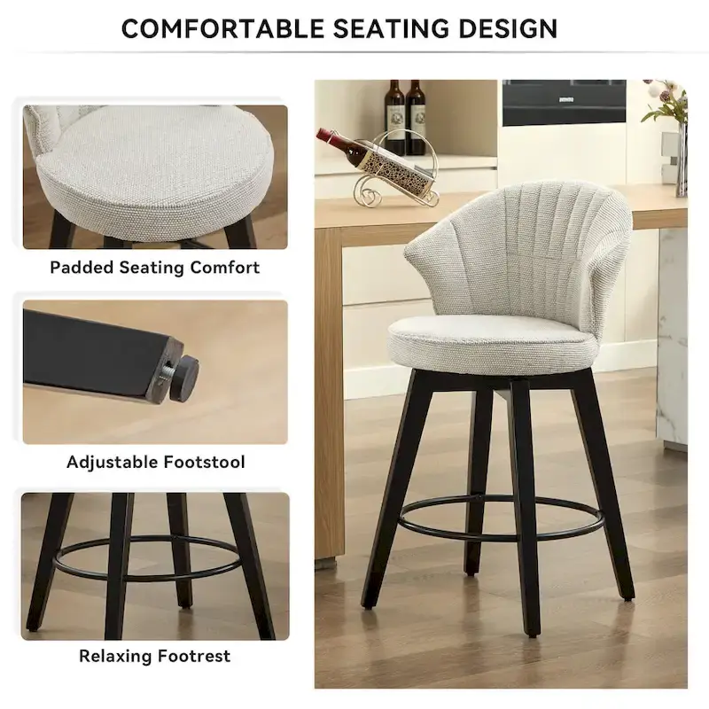 White / Blue / Dark Grey Swivel Bar Stools, Set of 2, Chenille Cushioned Counter Height Chairs with Metal Legs