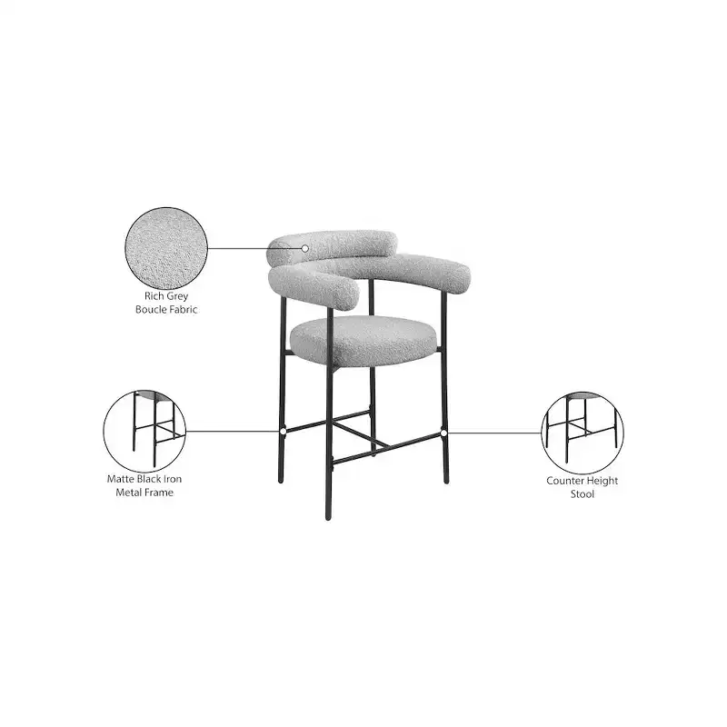 Meridian Furniture,Blake Grey Boucle Fabric Counter Stool, Set of 2