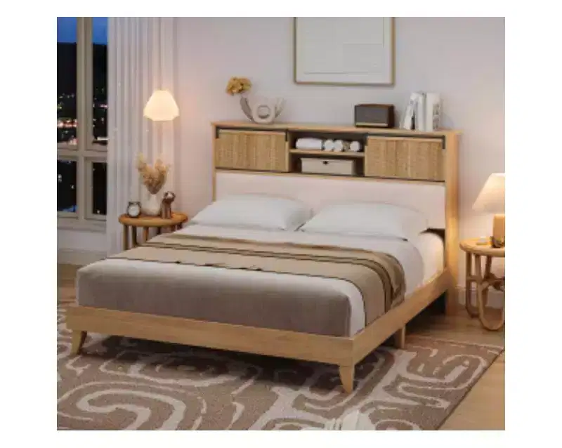 Slatted bed frame with storage shelves, sliding doors, solid wood base with silent glides