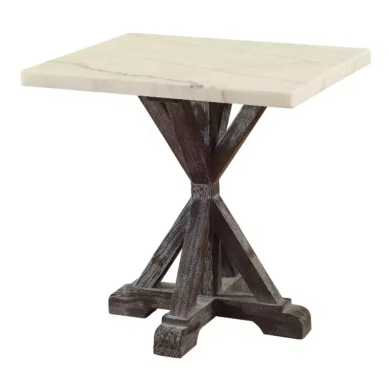 White Marble Top End Table, Espresso Brown, X-Base, 1-Piece