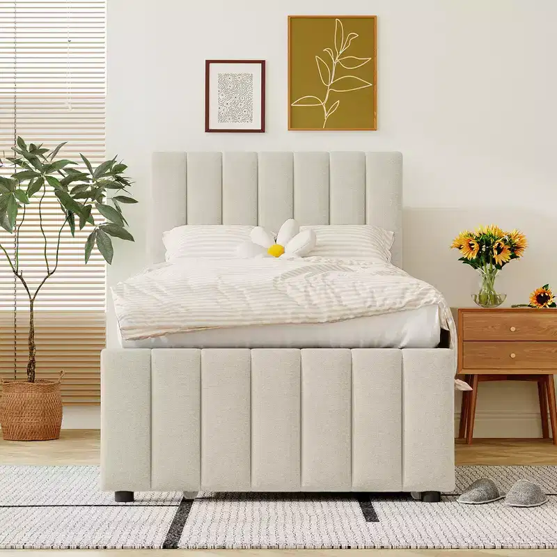 Twin/Full Size Platform Bed, Wooden Upholstered Bed Frame with Twin Trundle Bed and 3 Drawers - ModernLuxe