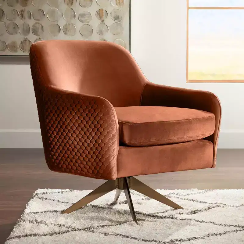 Quilted Pumpkin Velvet Modern Swivel Club Chair