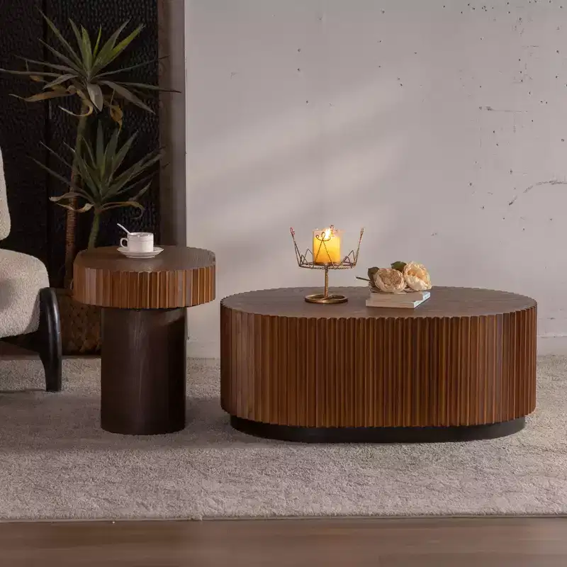 GDFStudio Spencer 2 Piece Wave Stripe Edge Wooden Pedestal Coffee Table Set