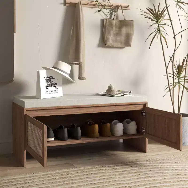 Boho Style PP Rattan Storage Shoe Bench with Cushion, Sturdy Wooden Entryway Bench for Seating and Storage, 2-Door Shoe Organizer
