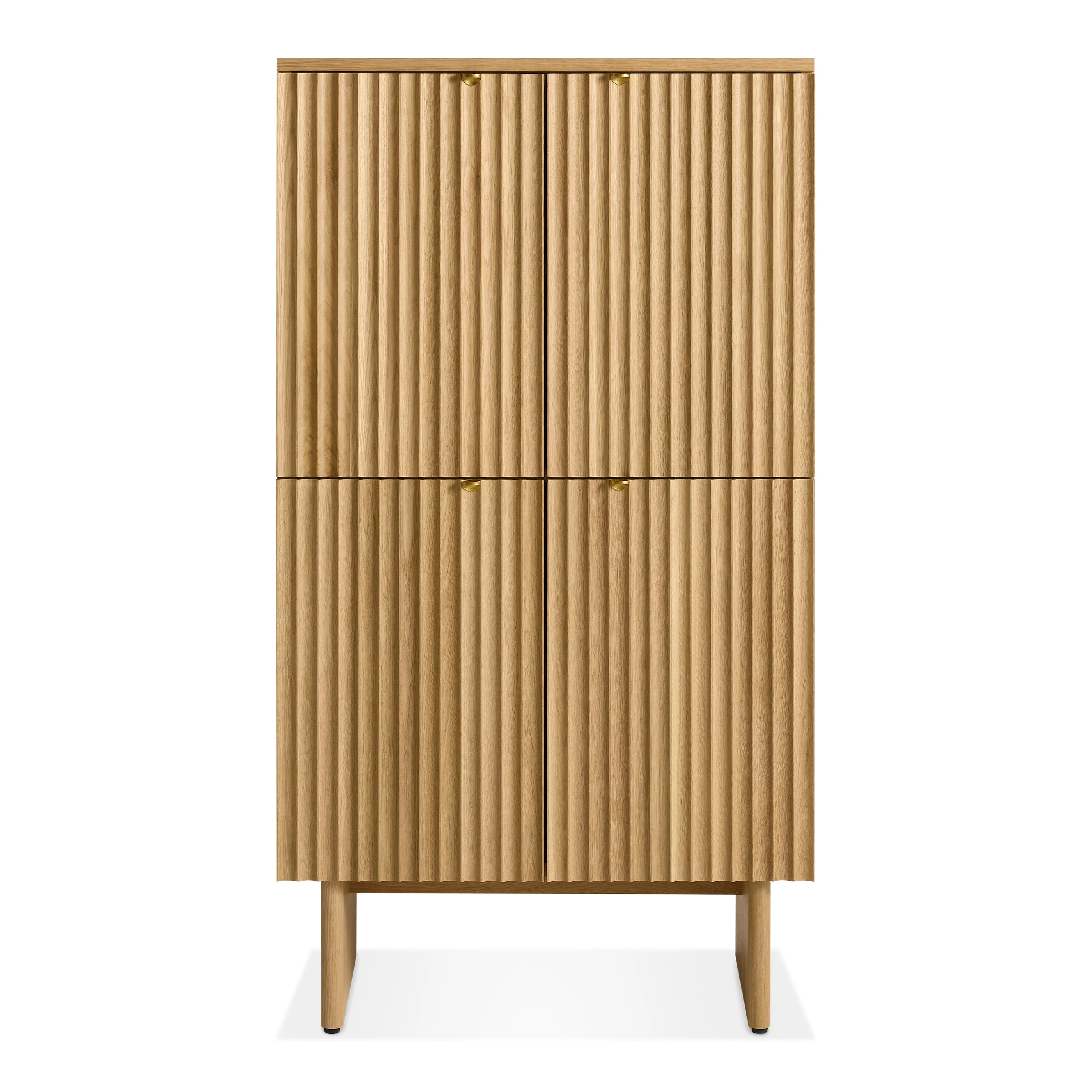 Modern White Oak Wood Dresser with Fluted Front & Brass Pulls for Living Room