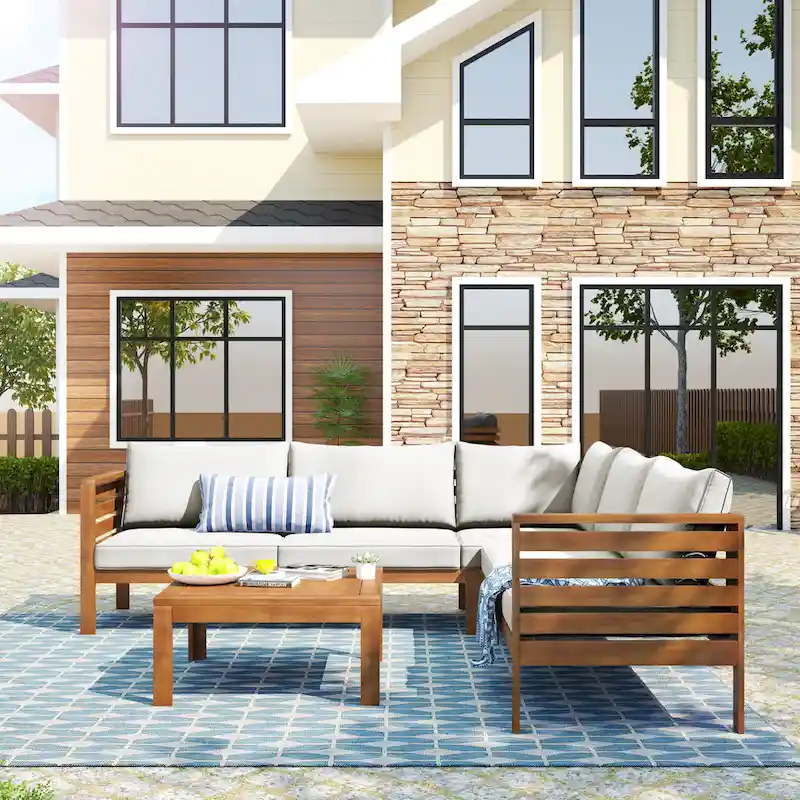 4-Piece Acacia Wood L-Shaped Sectional Sofa Set with Table