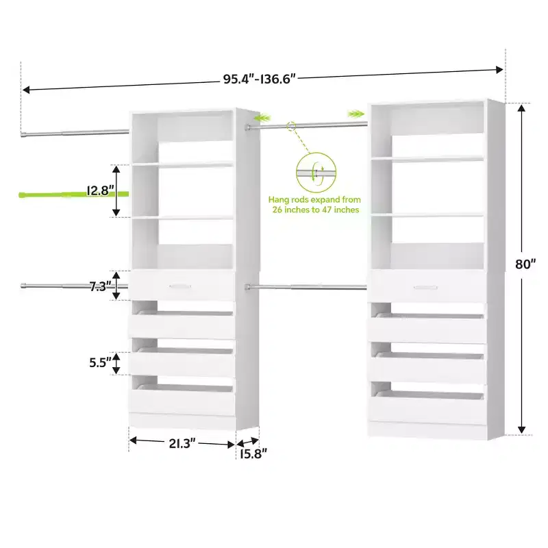 Besiost Closet System with 8 Wooden Drawers and 4 Hanging Rods