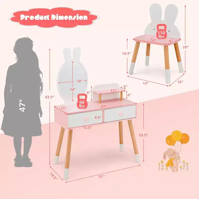 BALHAM TRADE-Rabbit Themed Kids Vanity Set White Wooden Makeup Table Chair w 2 Large Drawers