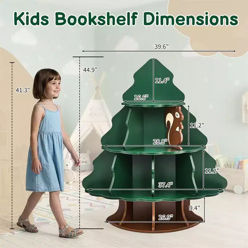 Karl Home 4-Tier 12-Compartment MDF Kids Bookshelf, Christmas Tree and Squirrel Design