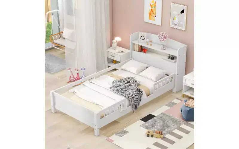 Twin Size Bed Frame, Platform Bed with LED Storage Headboard and Safety Guardrails, Bookcase Storage Bed