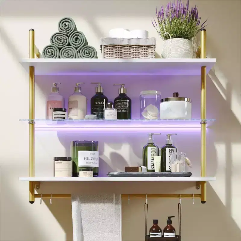 Bestier 41 Floating Shelves with LED Light, 3-Tier Wall-Mounted Wood Shelves with 8 S-Hooks, White Finish & Gold Frame