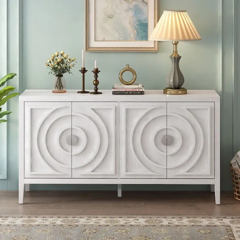 4-Door Retro Sideboard with Circular Groove Design & Round Metal Handles