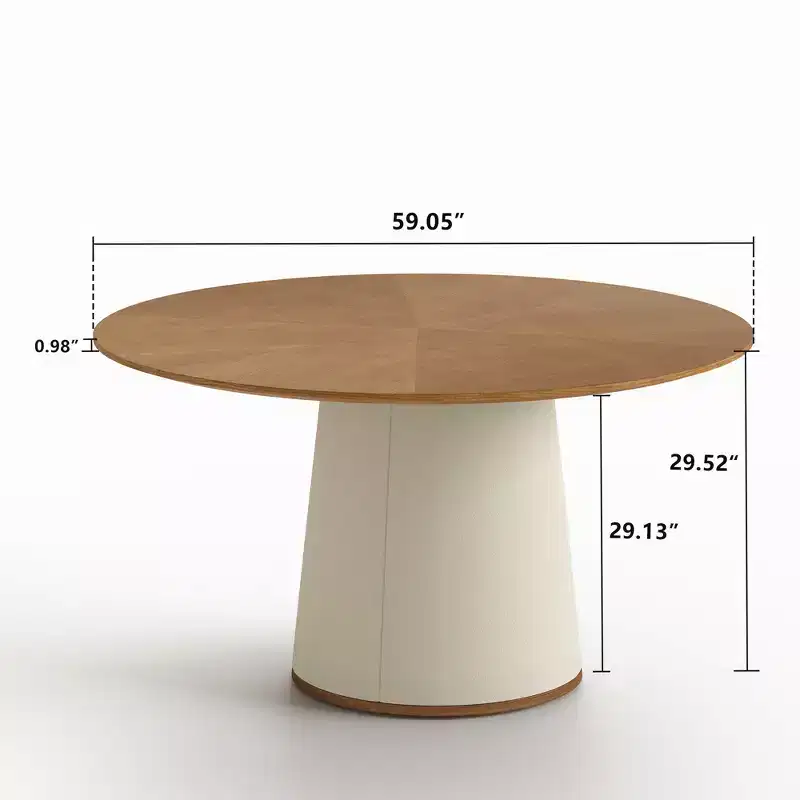 59 In. Round Dining Table with Solid Wood Base and Faux Leather Wrapped Pedestal, Modern Kitchen Table for Dining Room Gaoyangjiaju
