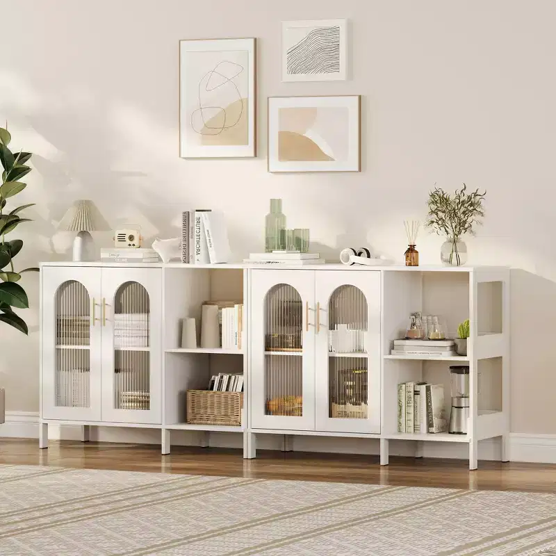 Storage Modern Buffet Cabinet with Glass Doors,Coffee Bar Cabinet with 2 Open Storage Shelves and Metal Handle, Accent,Living Room,Dining Room,White