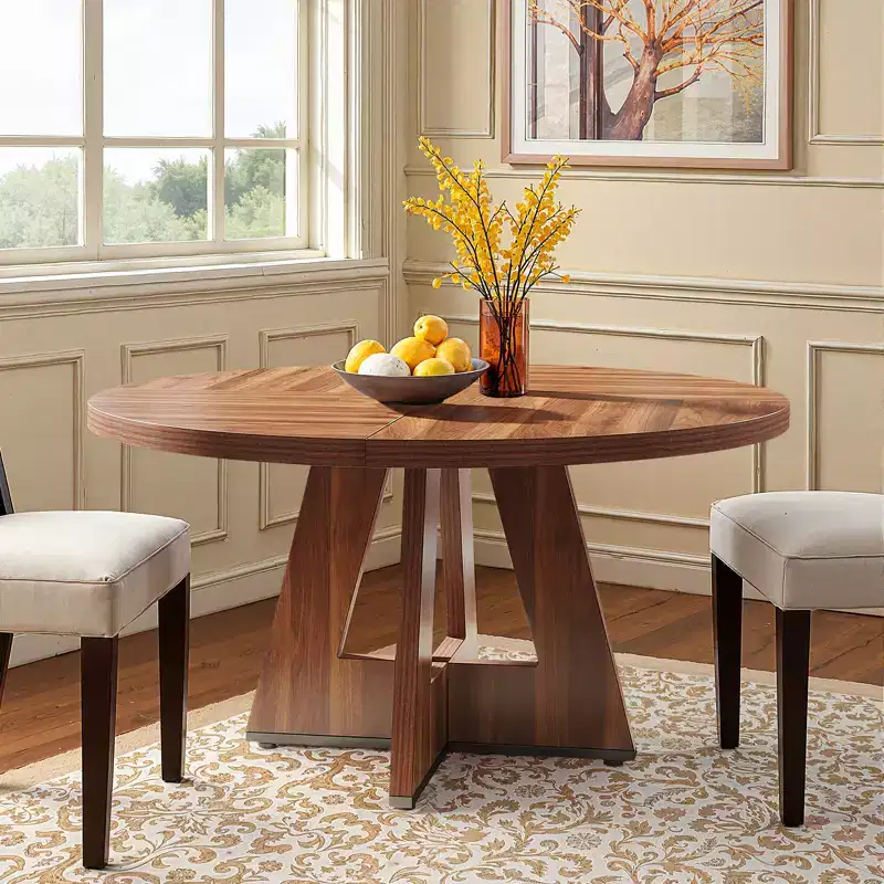 47 Inch Round Farmhouse Dining Table 4 Seater Rustic Kitchen Table with Metal Frame MDF Top