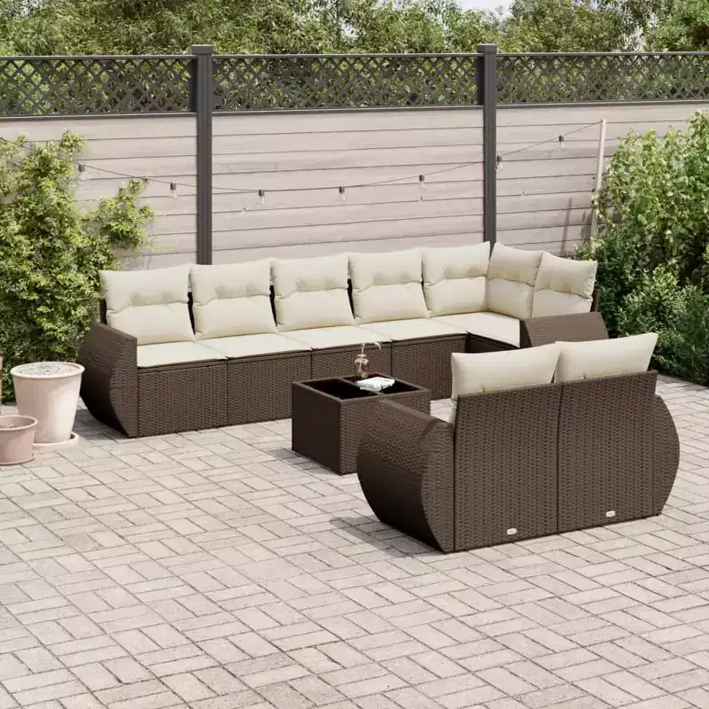 vidaXL 9 Piece Patio Sofa Set with Cushions Brown Poly Rattan