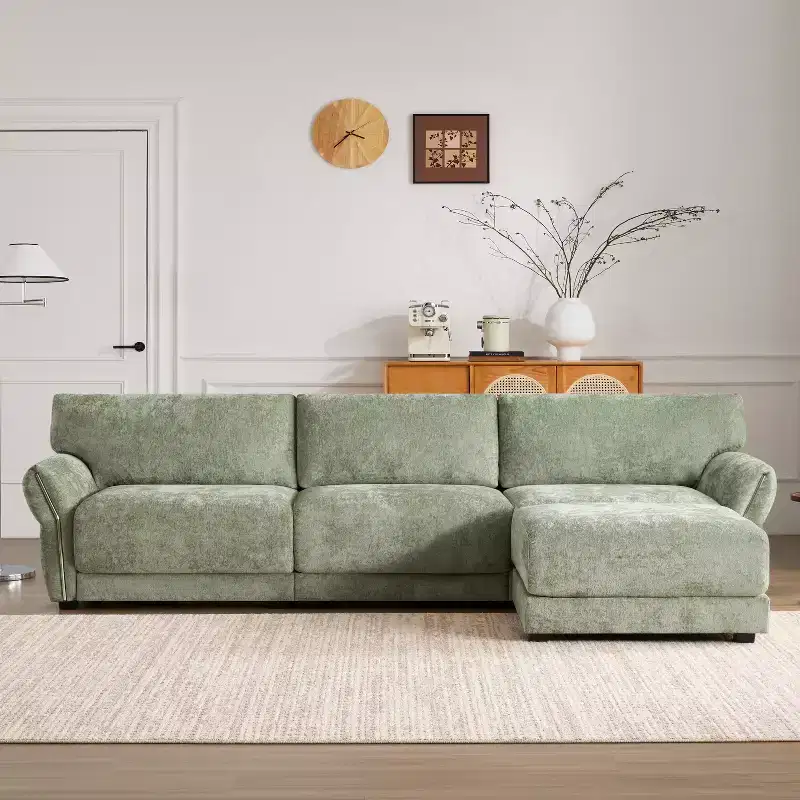 L-Shaped Sectional Sofa Set with Ottoman, 3-Seat Chenille Couch with Extra-Wide Seat and USB, 110