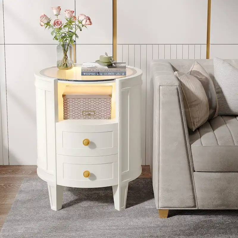 Round Nightstand with 2 Drawers, LED Light and Open Shelf – 25.5 Inch Tall