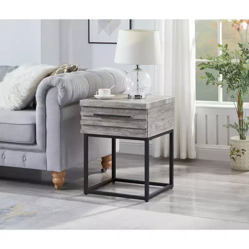 Contemporary Storage End Table with Drawer, Metal Base, Gray