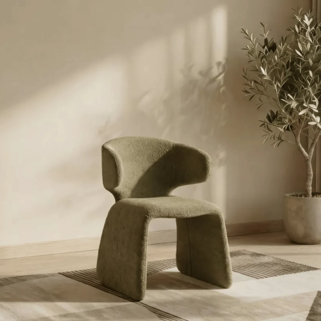 Green Chenille Dining Chair with Curved Back and Upholstered for Dining Room