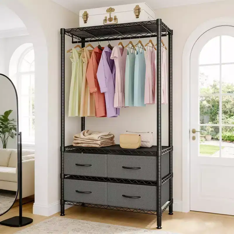 Freestanding Garment Rack with Adjustable Shelves and Four Fabric Drawers, Heavy Duty Clothing Organizer