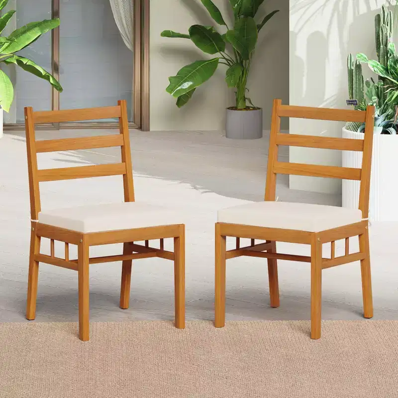 Costway Solid Acacia Wood Patio Chair Set of 4 w/ Padded Seat Cushions