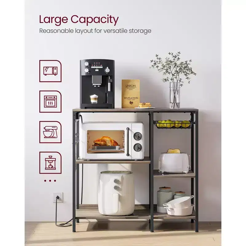 Baker's Rack Coffee Bar Stand with Charging Station, Pull-Out Wire Basket & Adjustable Shelves, 400 lbs