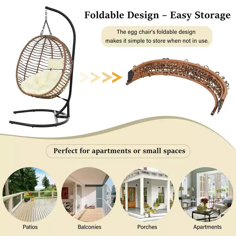 Whisen Single Person Folding Egg Chair with Stand, Hammock Swing Chair with Adjustable Anti-Slip Feet