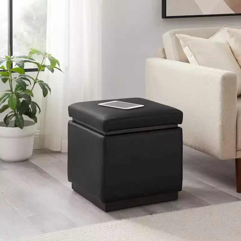 Lucinda Square Faux Leather Ottoman, Modern Accent Footrest