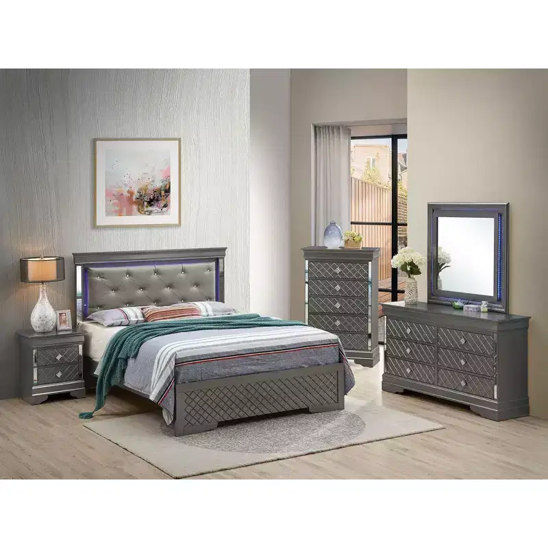Panel Bed with LED Headboard and Mirror Trim