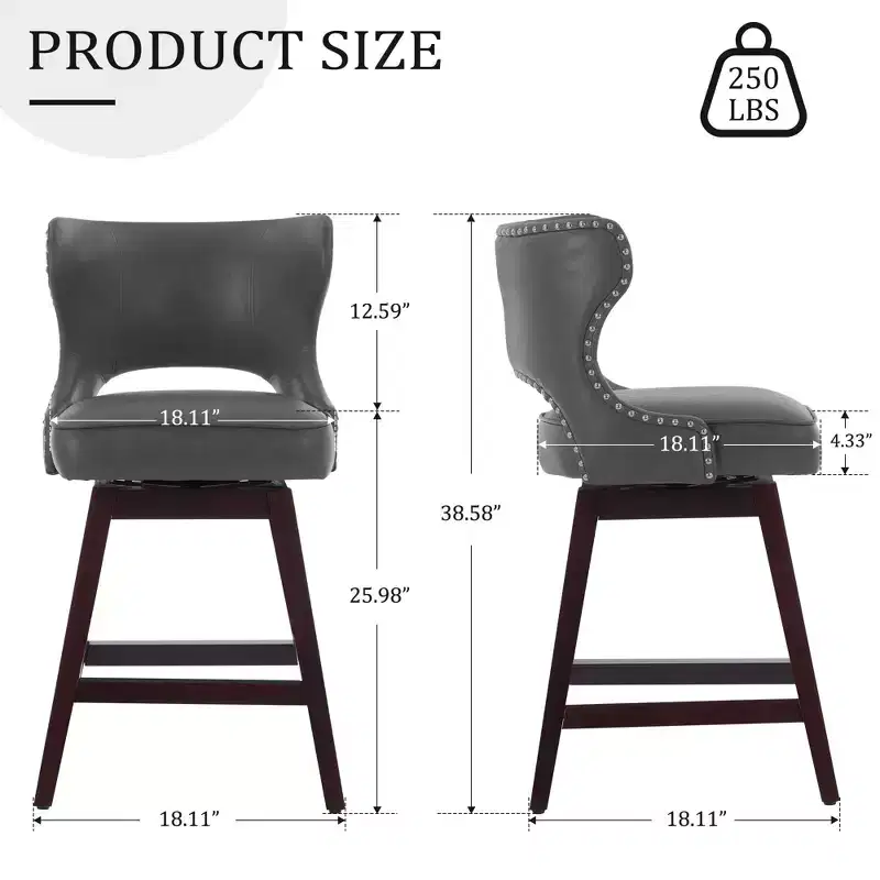 Swivel Nailhead Counter Bar Stools Set of 2 Upholstered 360° Solid Wood Legs 26