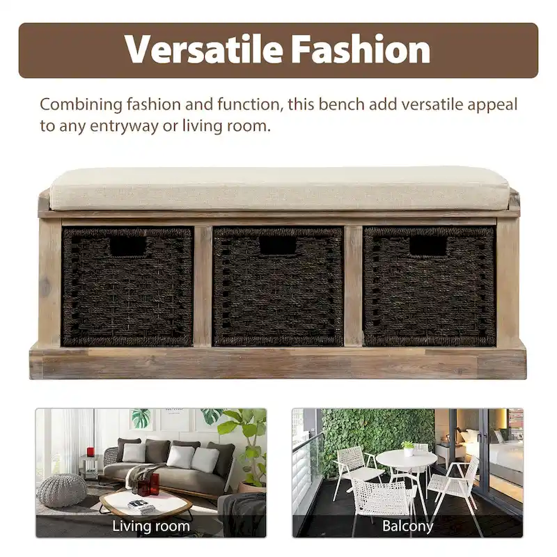 Entryway Bench with 3 Removable Rattan Baskets