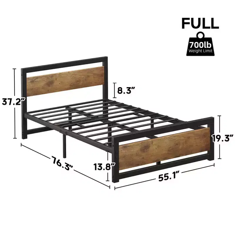 Heavy Duty Bed Frame with Headboard and Footboard, Metal Platform with 13.8 Storage, Noise Free & Tool-Free Assembly, Vintage Brown