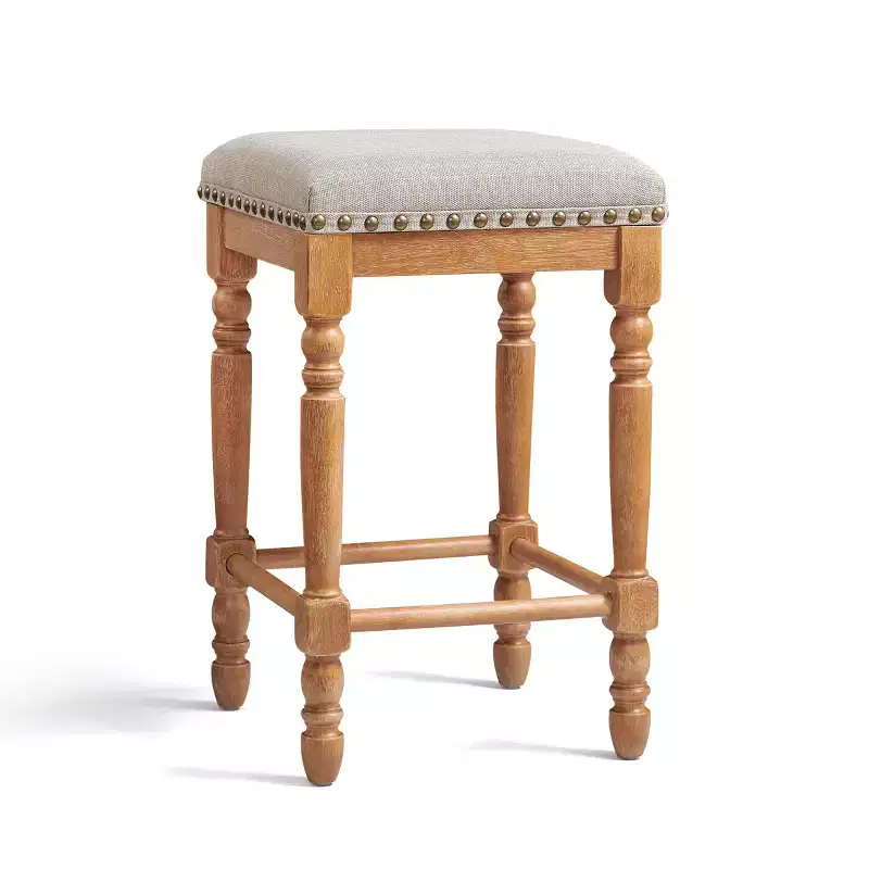 Subrtex 26.6Counter & Bar Solid Wood Backless Stool, Linen Upholstered with Nailhead Trim, Rustic Solid Wood Frame for Kitchen & Home Bar (Set of 2)