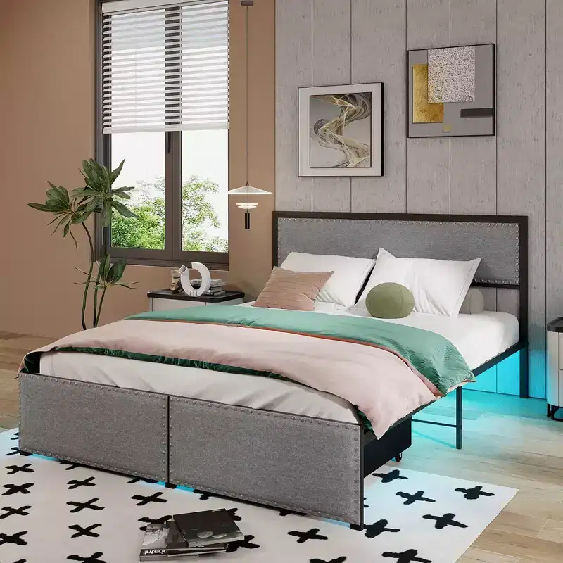 Costway Queen Size Bed Frame w/ 2 Storage Drawers LED Lights Slats Support Modern