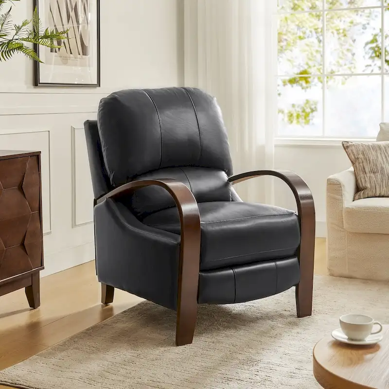 Alex Mid-century Modern Cigar Genuine Leather Manual Recliner with Wooden Curved Arms