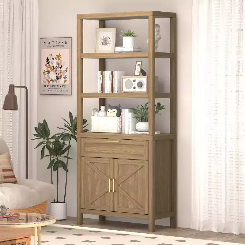 Farmhouse Bookcase with Doors & Drawer, 5-Tier Tall Storage Shelf