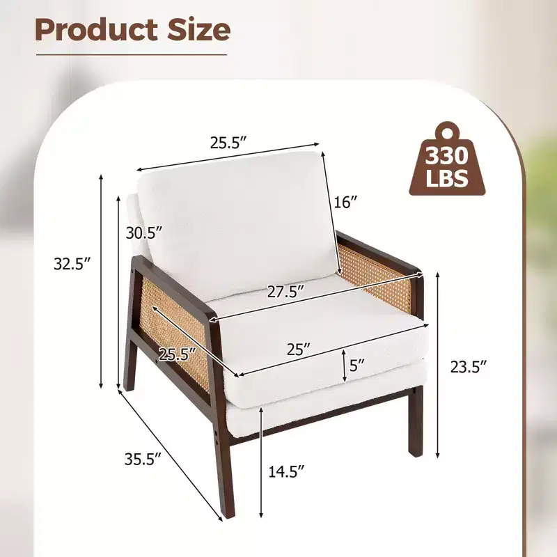 Costway Mid Century Modern Accent Chair Living Room Armchair with Rattan Arms Wooden Frame Brown/Natural