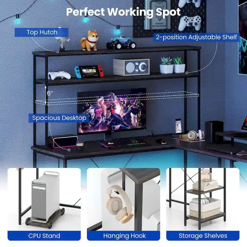 L-Shaped Gaming Desk with LED Strip & Power Outlets