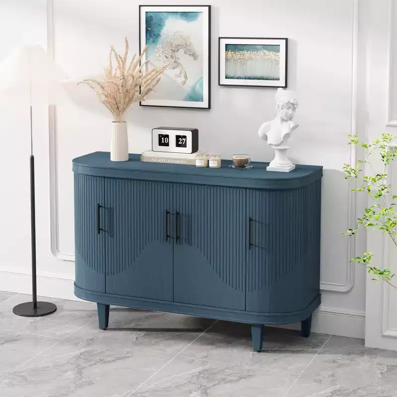 Blue Curved Sideboard 47.2-Inch Decorative Storage Cabinet Wooden Console Table Cabinet with 4 Doors and Adjustable Interior Shelves