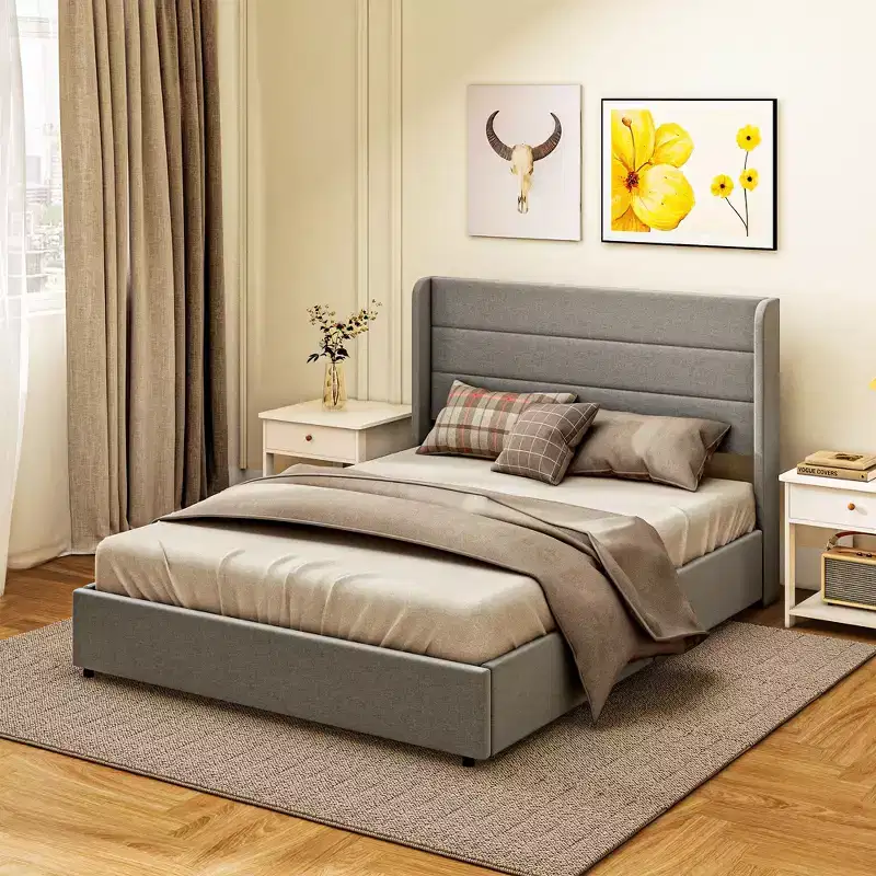 HOMCOM Bed Frame with Headboard, Upholstered Platform Bed Frame with Storage Drawers, Wood Slats, Noise-Free and Easy Assembly, Light Gray