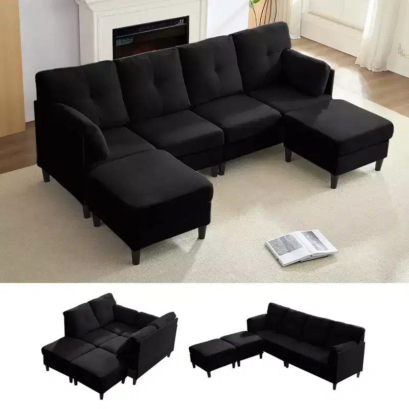 Mjkone Modular Convertible Sectional Sofa Couch, Upholstered Comfy Fabric 4-Seater Sofa with Movable Ottomans