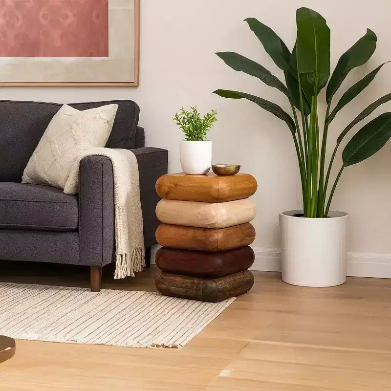 18 Inch Side End Table, Sculptural Stacked Design, Mango and Acacia Wood