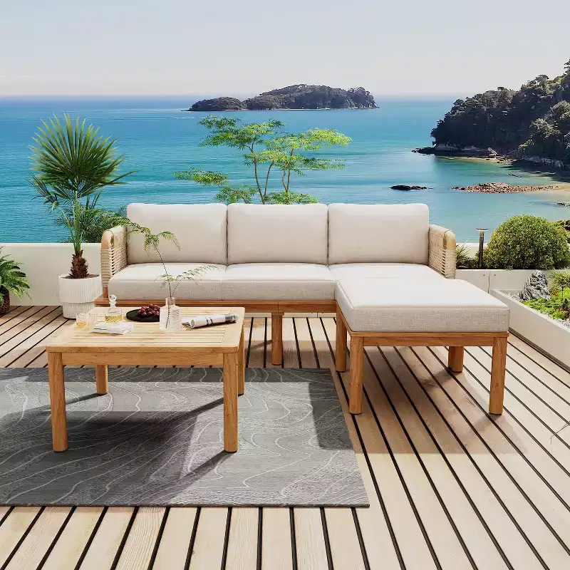 3/4/5pcs Outdoor Sofa Set Patio Conversation Set Outdoor Lounge Furniture Set with Coffee Table&Cushion, Weather-Resistant Frame,Teak+Beige-ModernLuxe