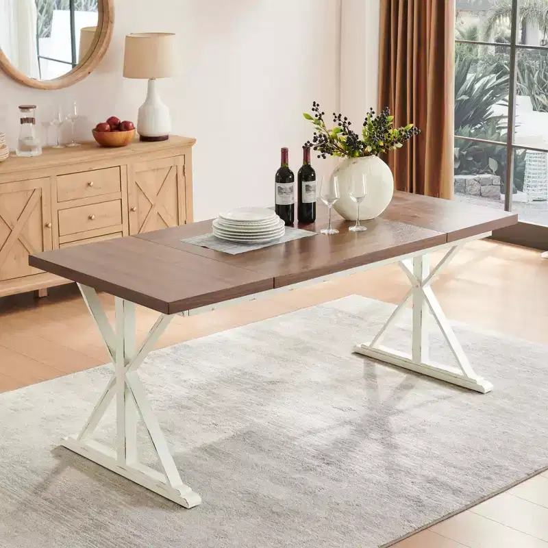 Traditional 6-Person Dining Table with Metal Legs, Grooved MDF Top, Brown & White, 70.87